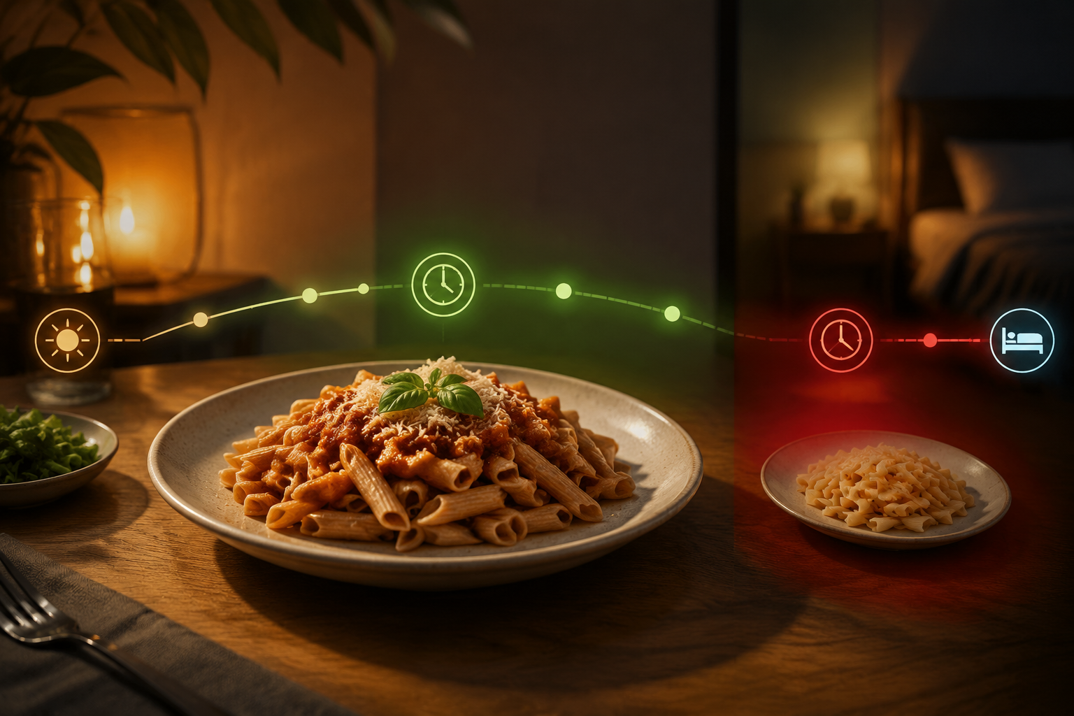 Dinner timing timeline showing whole-wheat pasta 2-4 hours before bed and refined pasta closer to bedtime as a risk
