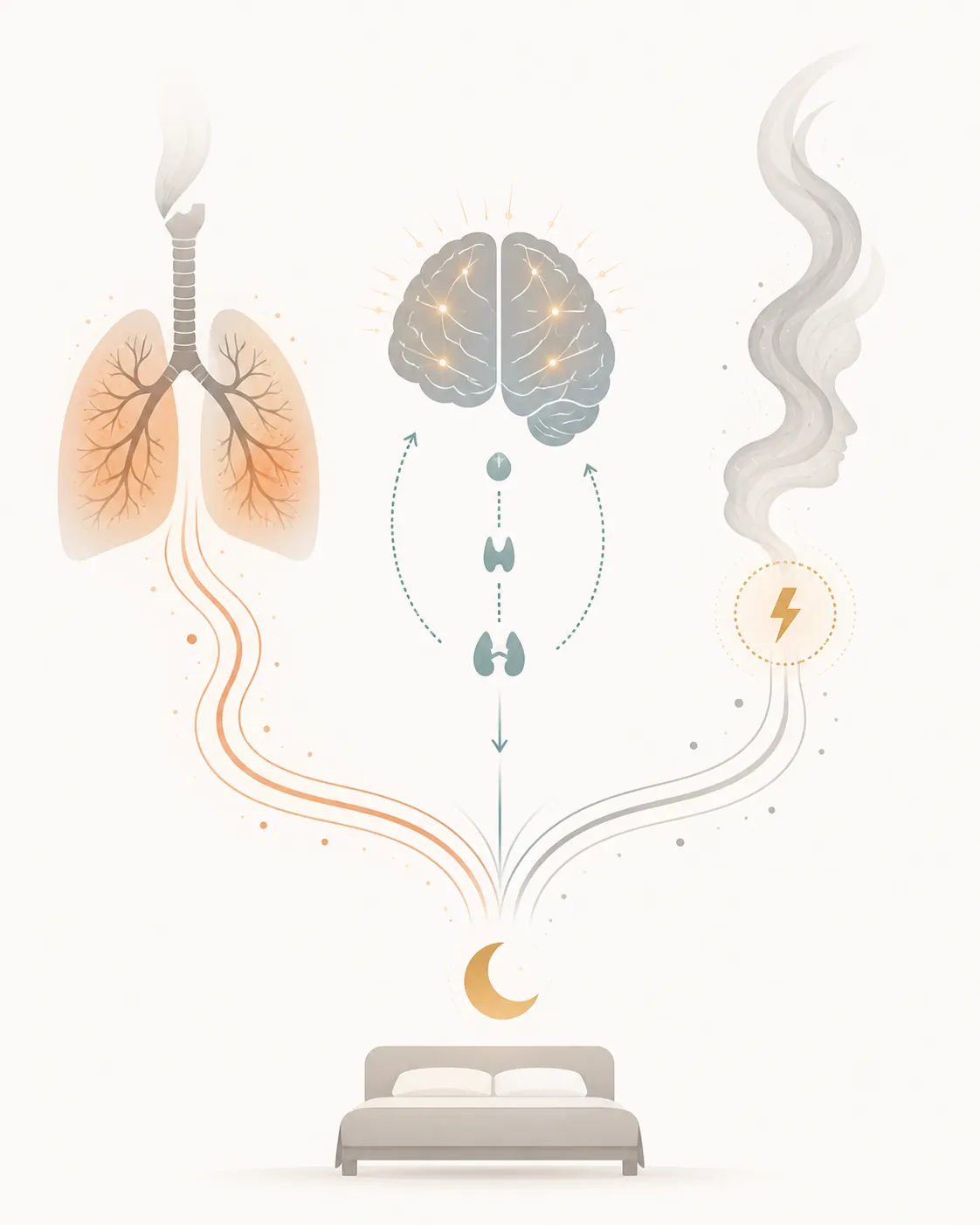 Diagram showing airway irritation, brain arousal, and smoke as a trauma cue converging on disrupted sleep