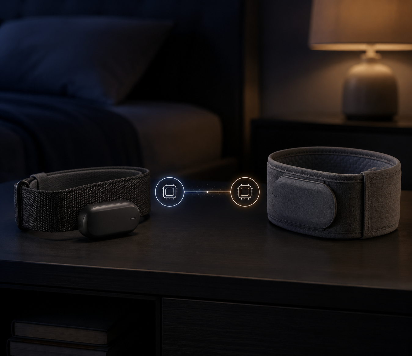 Garmin CIRQA screenless band and Garmin Index Sleep Monitor upper-arm band compared on a dark nightstand