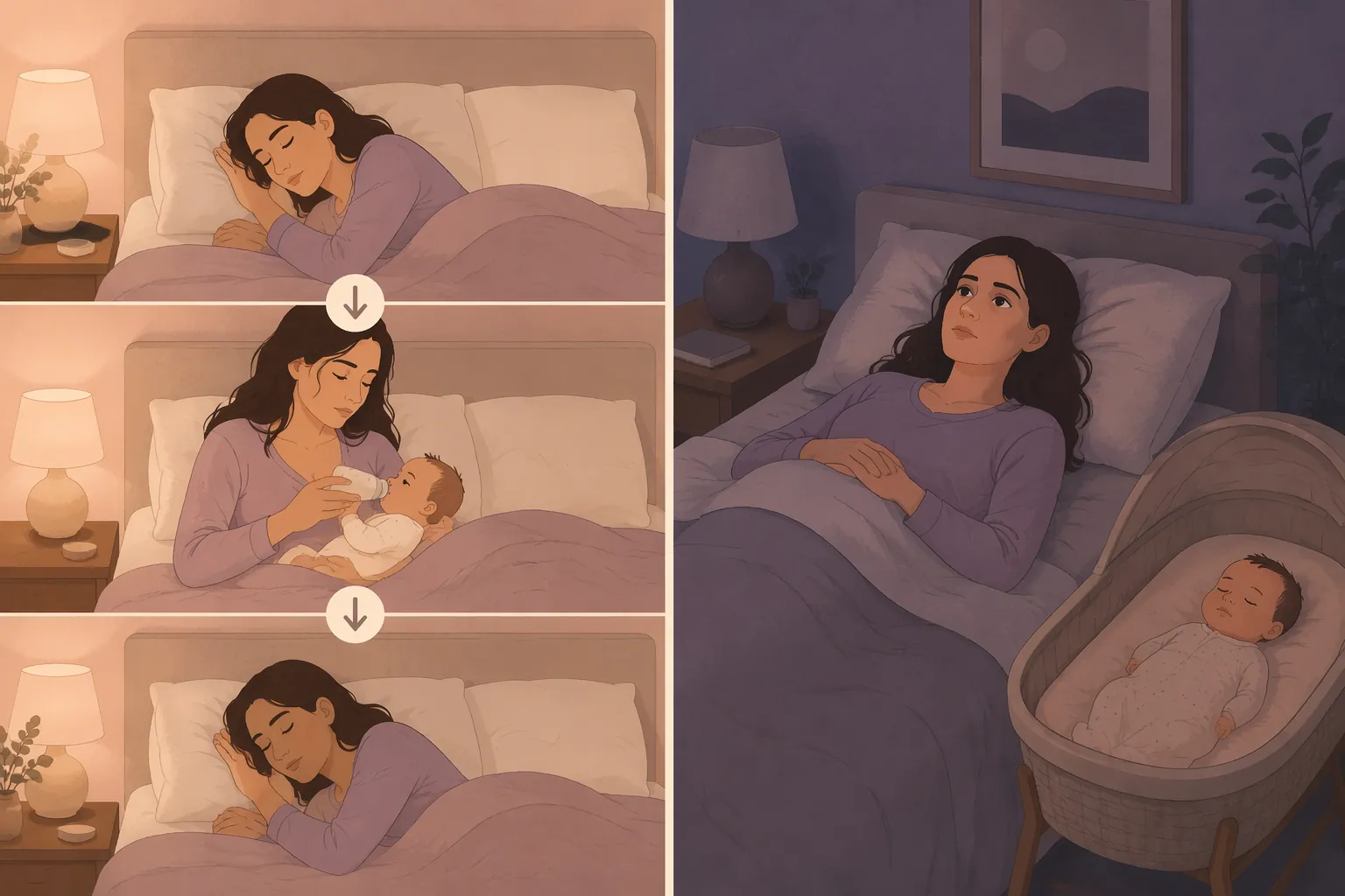 Side-by-side illustration comparing normal postpartum sleep fragmentation with postpartum insomnia