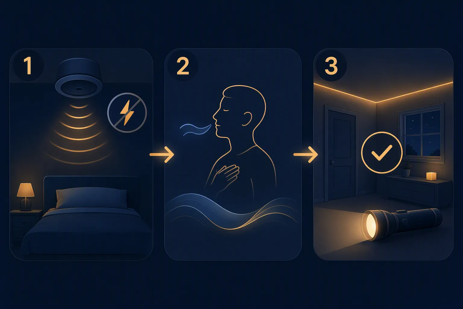 Three-step storm sleep sequence showing sound masking, breathing, and a checked shelter plan