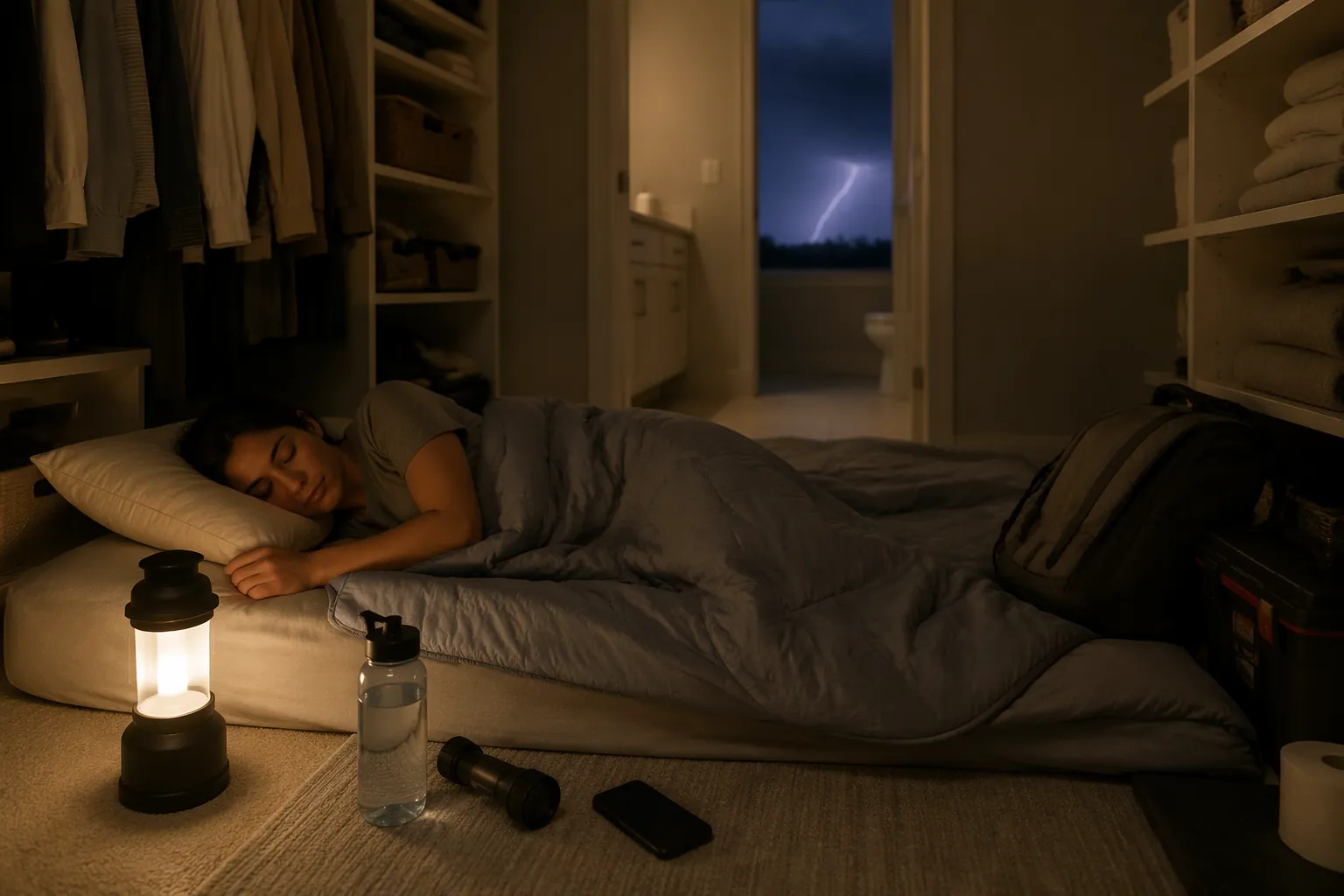 A safe interior hurricane sleep setup with a floor mattress, charged phone, flashlight, water bottle, and battery lantern