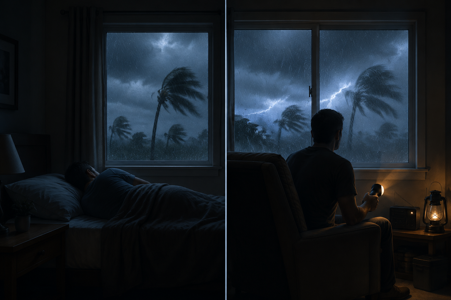 Split scene of shift-sleeping during a hurricane, with one person resting while another stays awake near a flashlight and weather radio