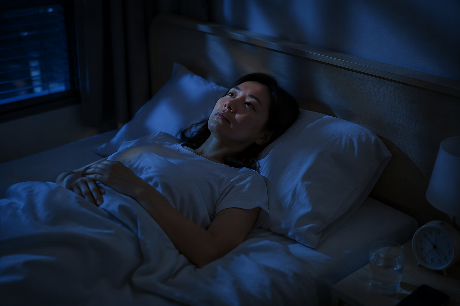 Person lying awake in bed at night after trauma