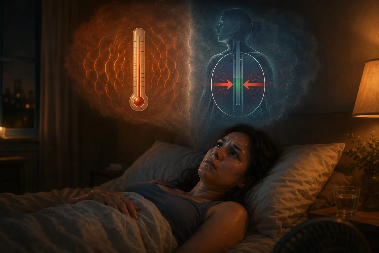 Woman awake in a warm bedroom with external heat waves and a narrowed internal thermostat visualization