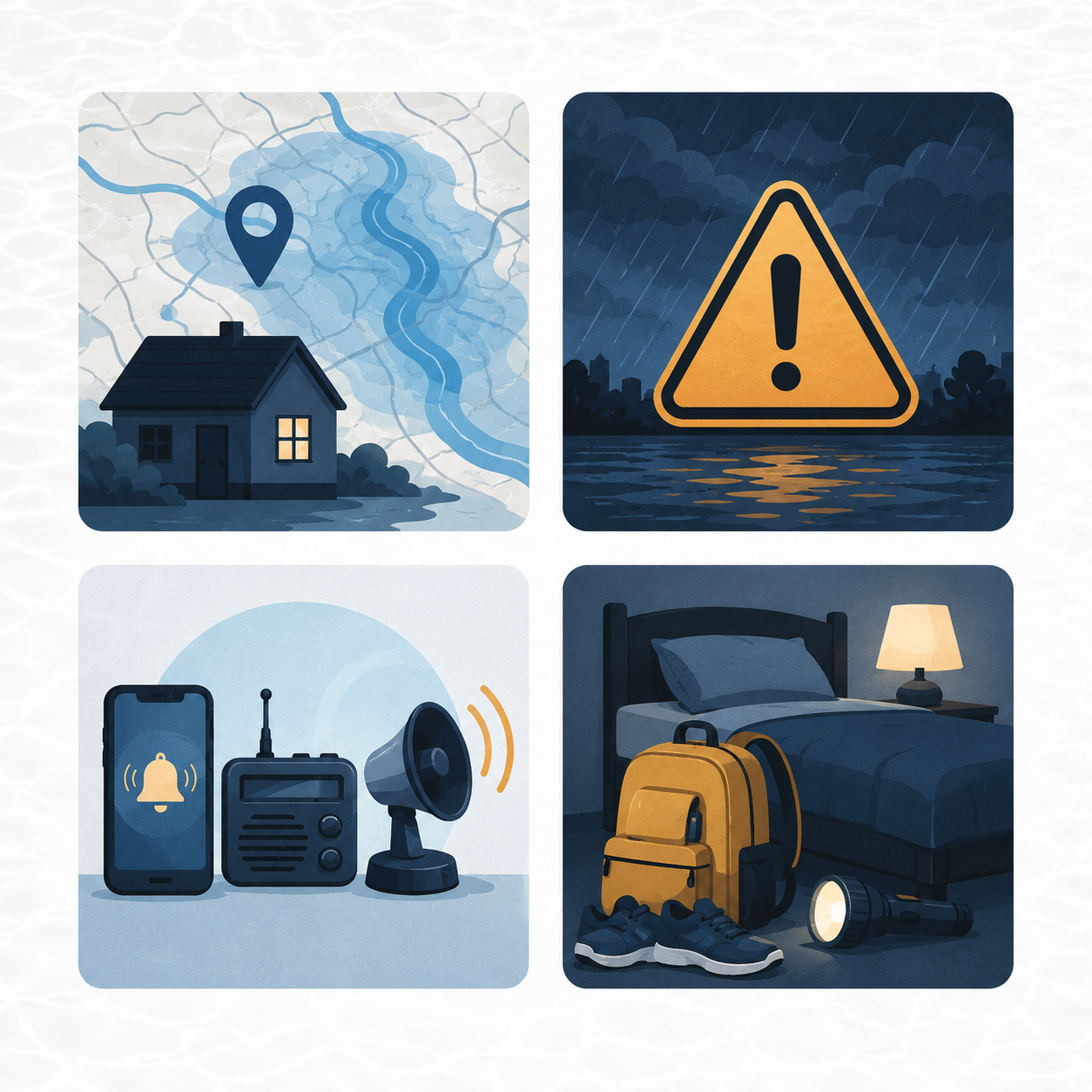 Four-panel illustration showing flood location risk, alert severity, redundant alert systems, and an evacuation-ready bedroom setup