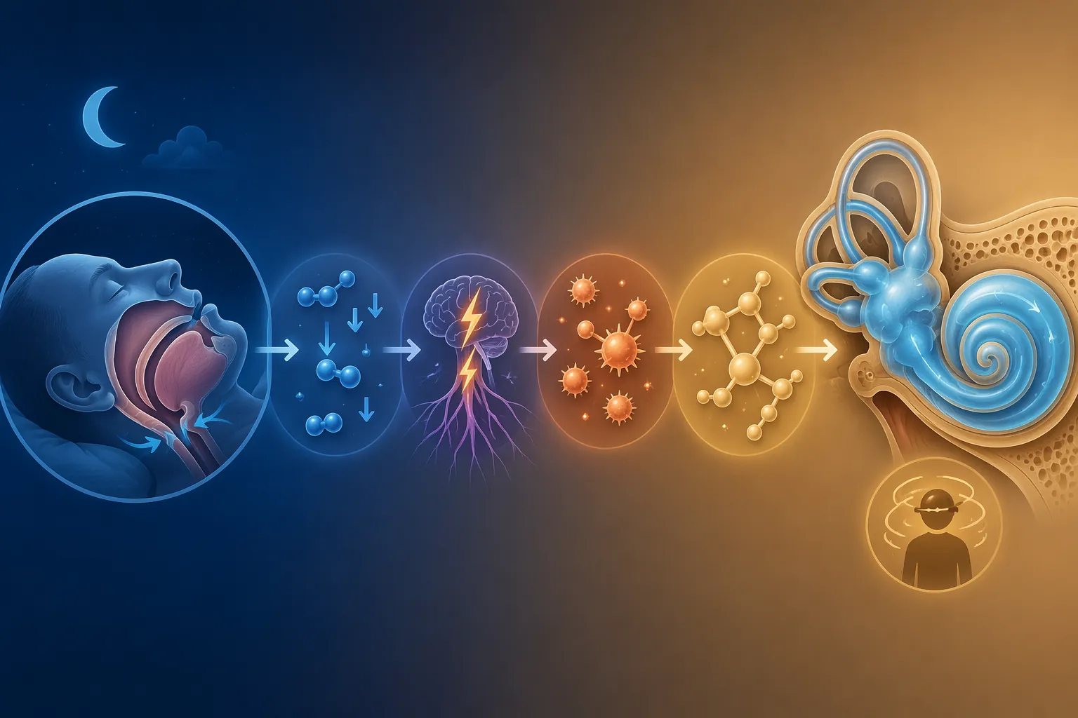Medical pathway showing airway collapse leading to intermittent hypoxia, sympathetic activation, oxidative stress, cortisol signaling, and inner-ear hydrops