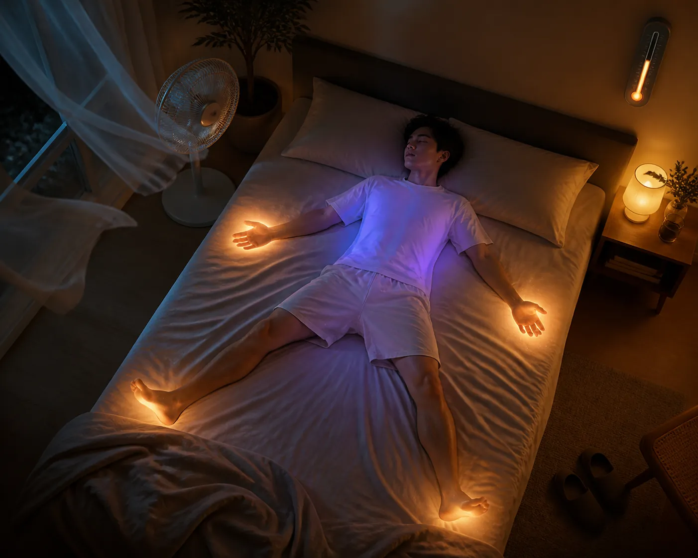 Person sleeping in a starfish position on breathable sheets while a fan circulates air nearby