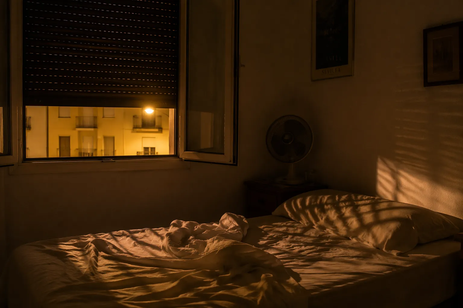Spanish apartment bedroom at night with lowered persiana, warm streetlight, rumpled cotton sheets, and a fan on the nightstand