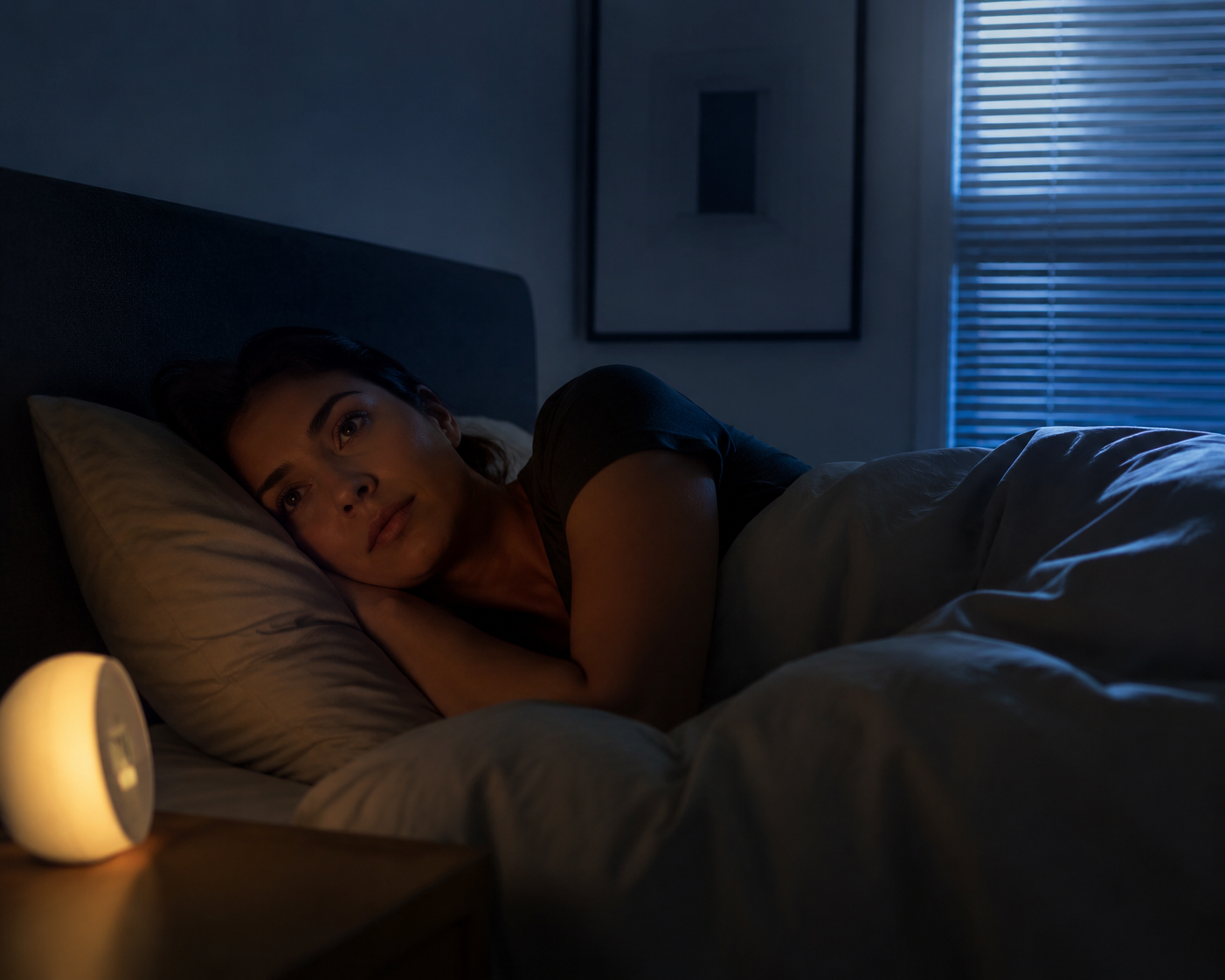 A person lying awake in bed at 3 a.m. while moonlight filters through blinds