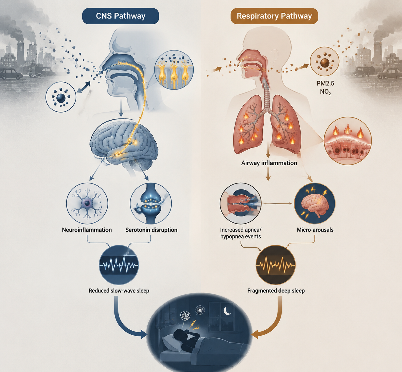 Diagram showing CNS and respiratory pathways from air pollution exposure to restless sleep