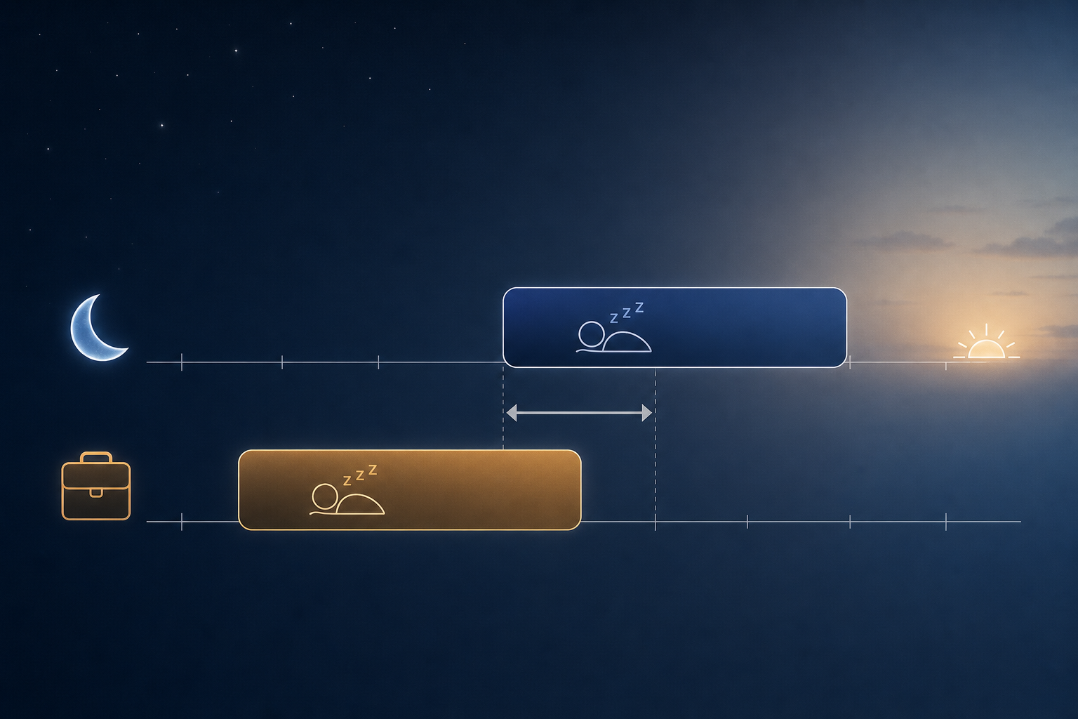 Two parallel horizontal sleep-window bars showing a later free-day sleep window in blue and an earlier work-day sleep window in amber, with a gap indicator between them representing social jetlag.