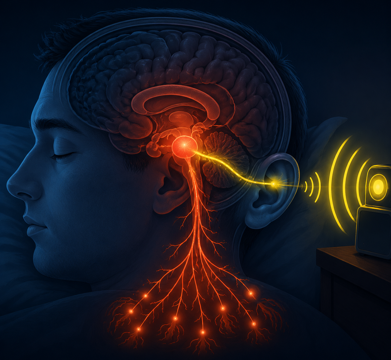 A sleeping brain receiving an alert signal while the frontal reasoning region is dimmed and the amygdala lights up