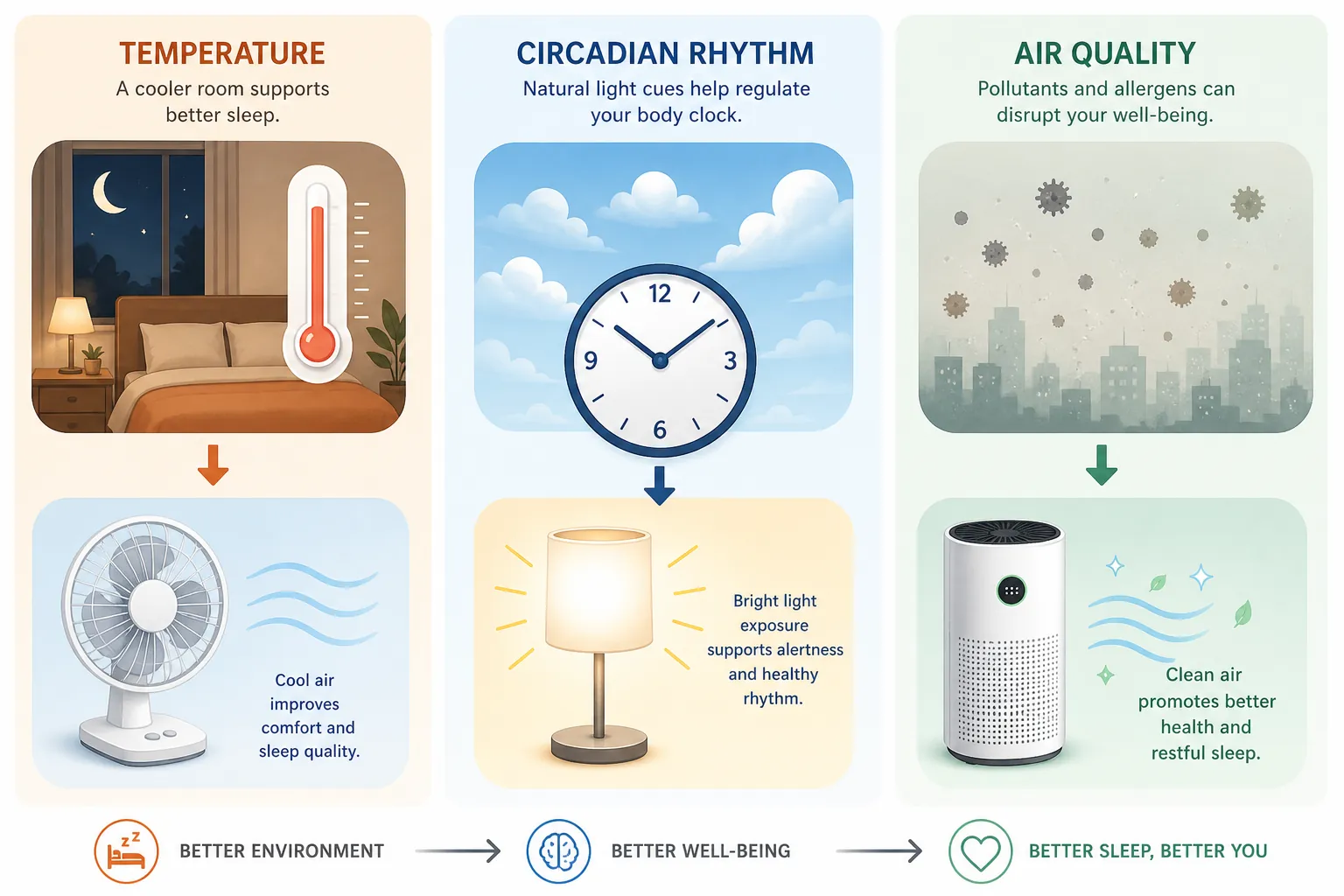 Infographic showing warm bedrooms, cloudy mornings, and hazy air as three Super El Niño winter sleep pathways with cooling, bright light, and HEPA filtration as countermeasures