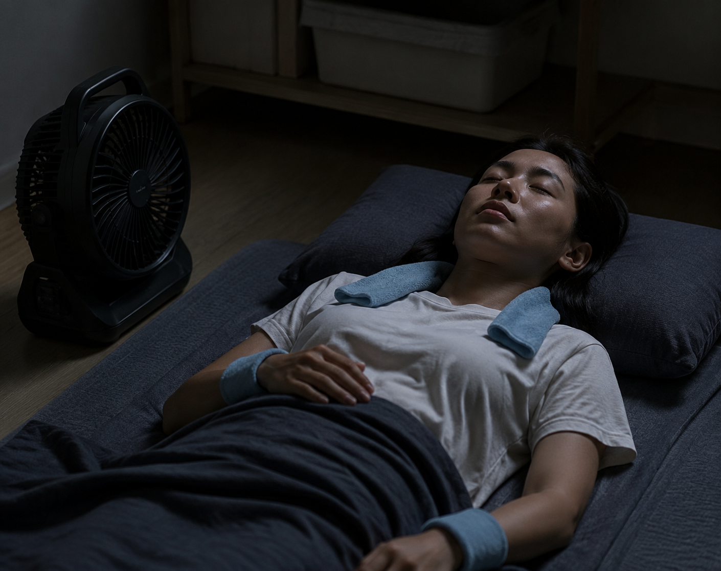 A person resting on a floor mattress with a battery-operated fan nearby and a damp cooling towel draped over the neck and wrist.