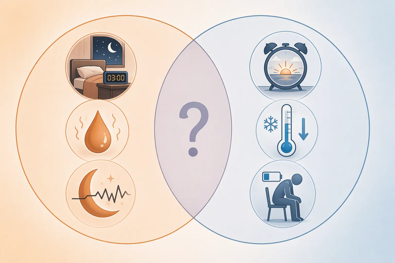 Comparison graphic showing overlapping perimenopause and hypothyroid sleep symptoms