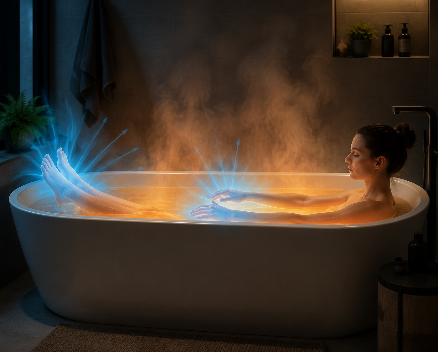 Warm bath scene with cool blue light around the hands and feet suggesting heat dissipation after bathing