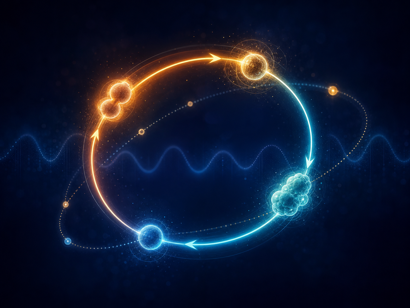 Abstract illustration of a self-sustaining molecular feedback loop with glowing orbital nodes transitioning from warm amber through cool teal-blue, with a secondary stabilizing loop, on a deep navy background.