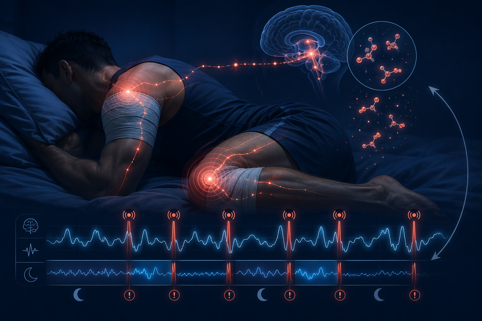 Sleeping athlete with a bandaged shoulder and fragmented sleep wave patterns
