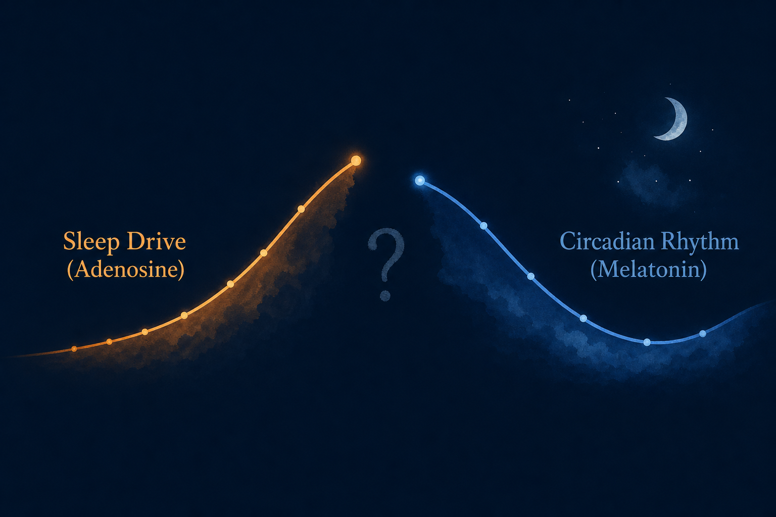 An editorial diagram showing two curves on a dark blue background: a warm amber upward-curving line representing sleep drive (adenosine) rising during wakefulness, and a cool blue downward wave representing circadian rhythm (melatonin), with a visual gap between them indicating the mismatch.
