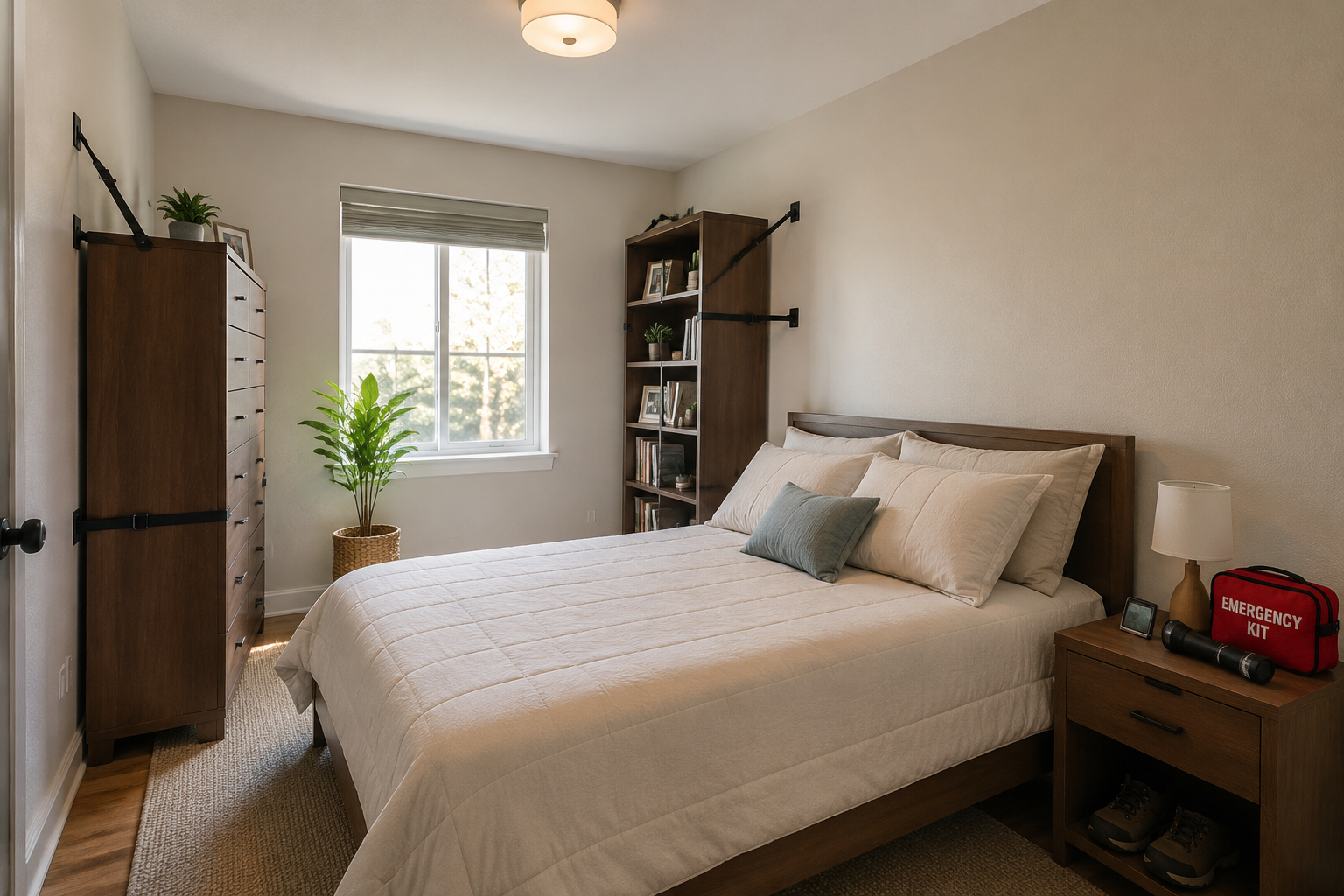 Prepared bedroom with bed away from windows, anchored furniture, clear walls above the bed, and a bedside emergency kit
