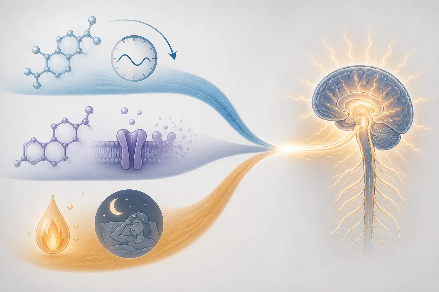 Medical illustration of hormonal sleep and stress pathways converging into heightened neural activity