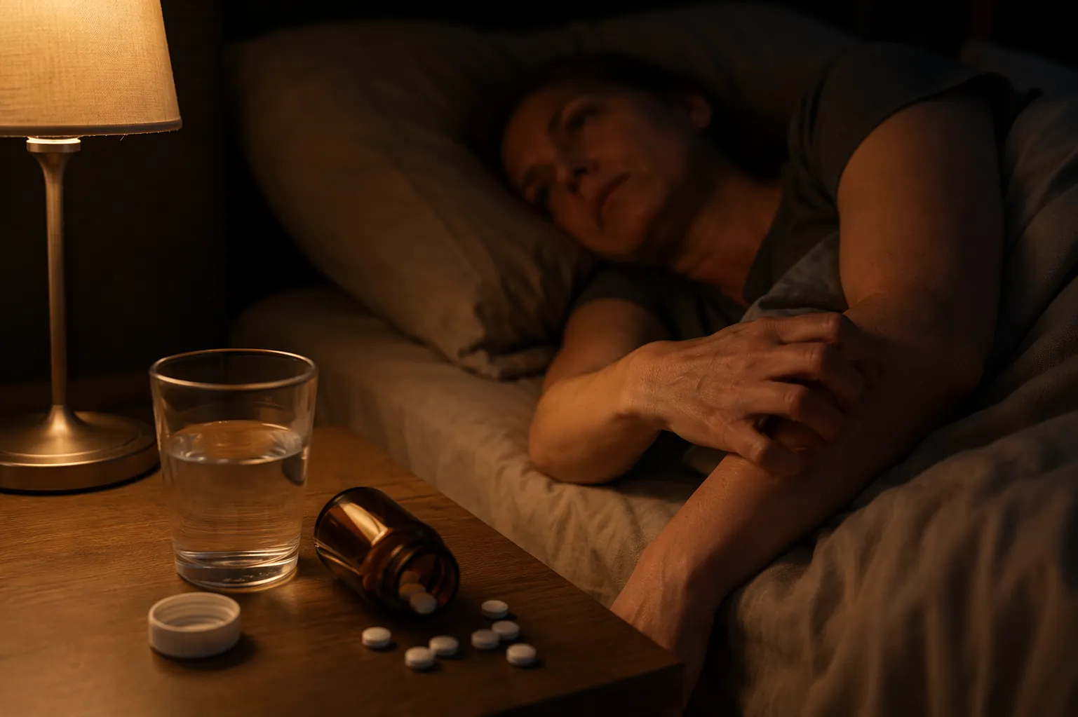 Dim bedroom with allergy tablets on a nightstand and a person scratching in bed