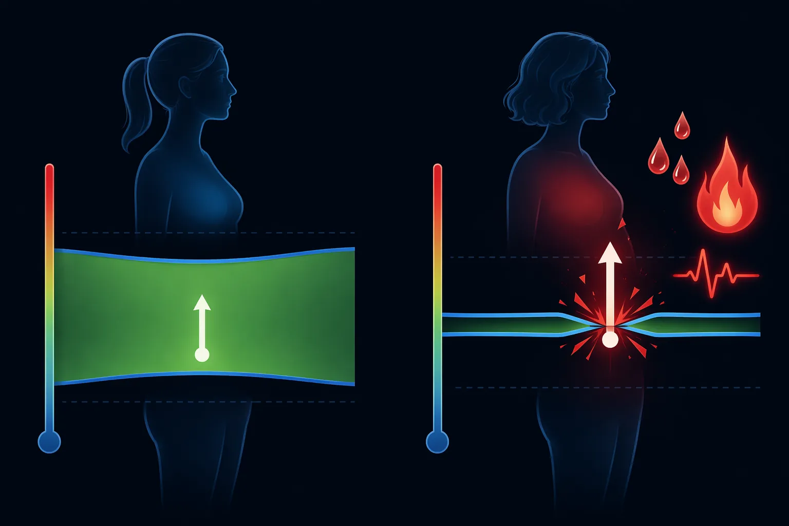 Side-by-side thermoneutral zone bands showing a wide safe range and a severely narrowed range triggering sweating and heart-rate response