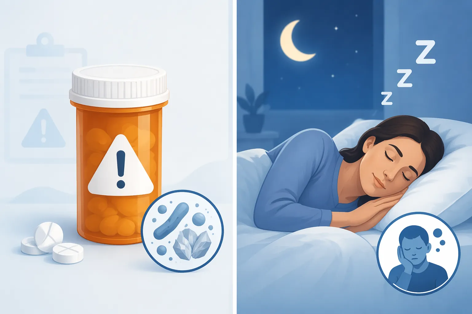 Split illustration separating a medication recall warning from cetirizine sleep side effects