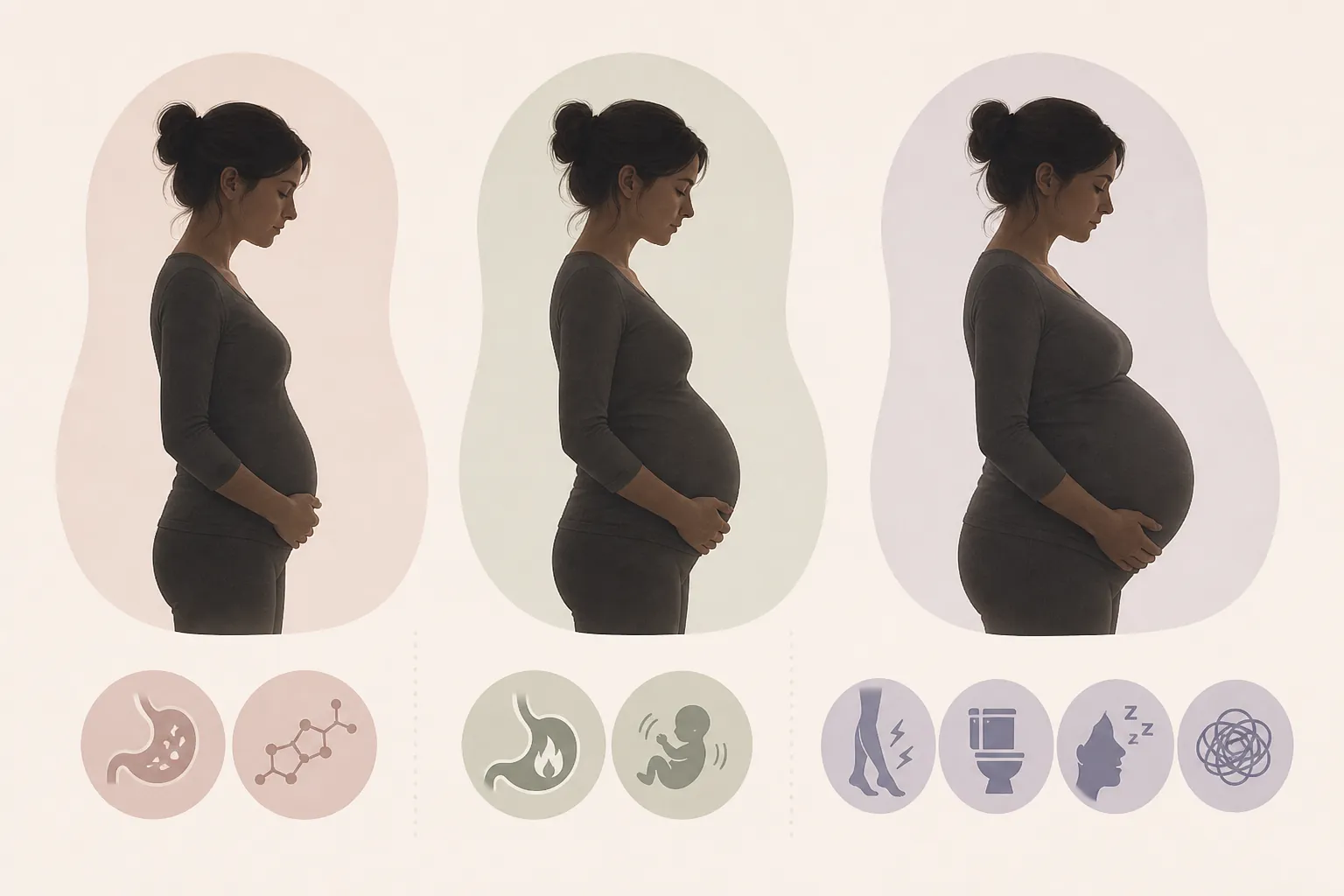 Three pregnancy silhouettes with icons for nausea, heartburn, fetal movement, restless legs, urination, snoring, and anxiety