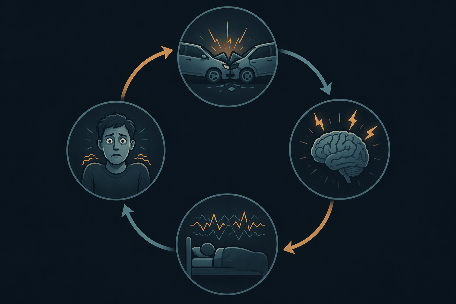 Circular diagram showing crash stress, fight-or-flight activation, broken sleep, and daytime vigilance