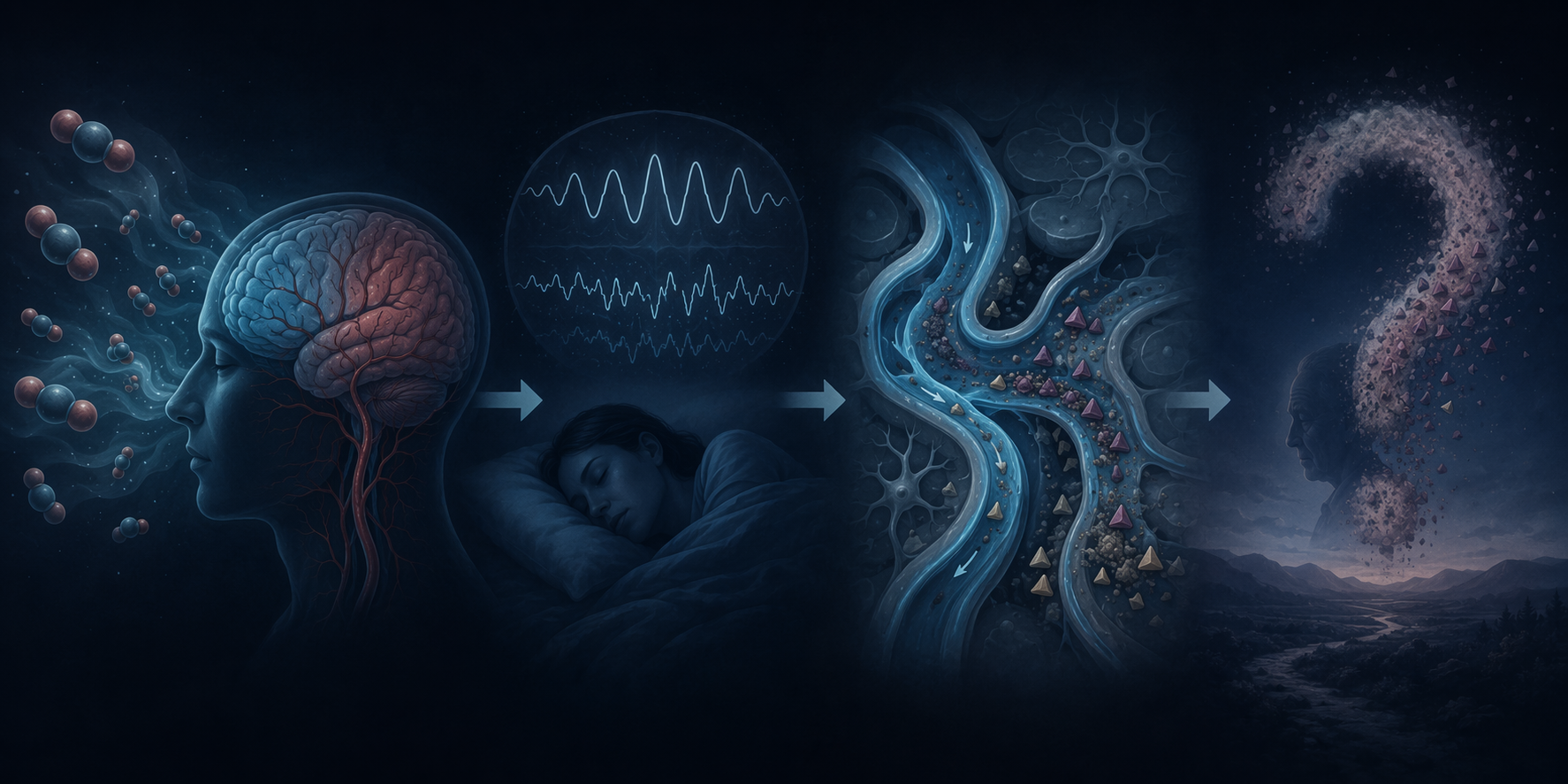 Visual pathway showing carbon dioxide affecting brain metabolism, sleep waves, and glymphatic waste clearance