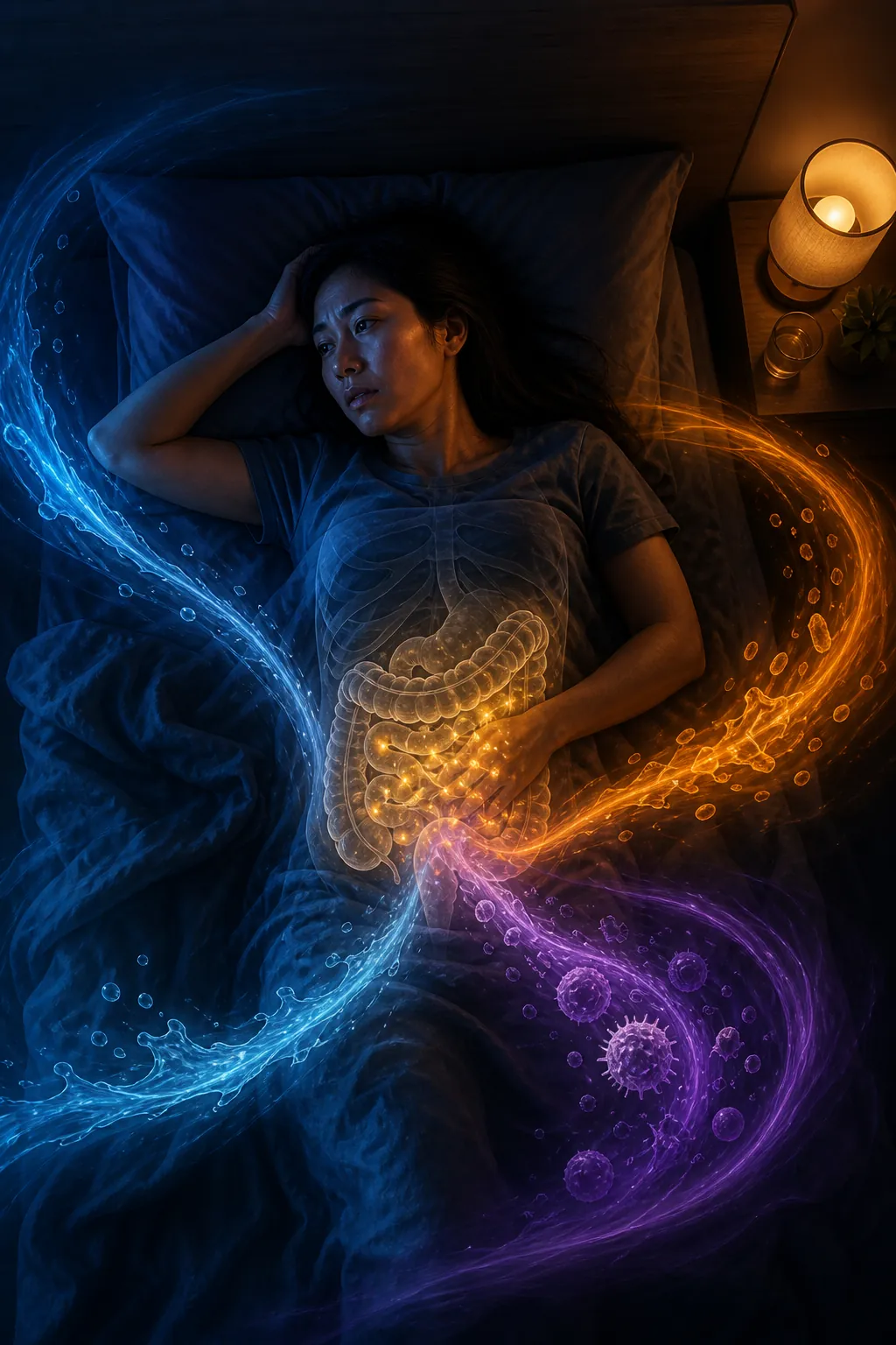Restless person awake at night with gut pathways showing secretory urgency, electrolyte depletion, and immune fatigue