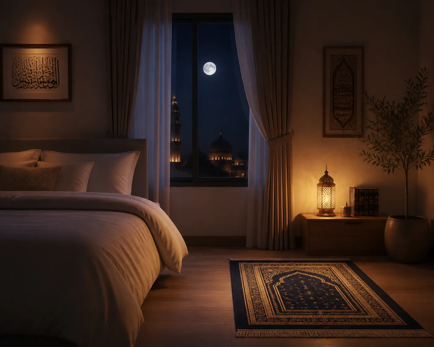 A peaceful bedroom at night with a prayer mat and lamp beside a made bed