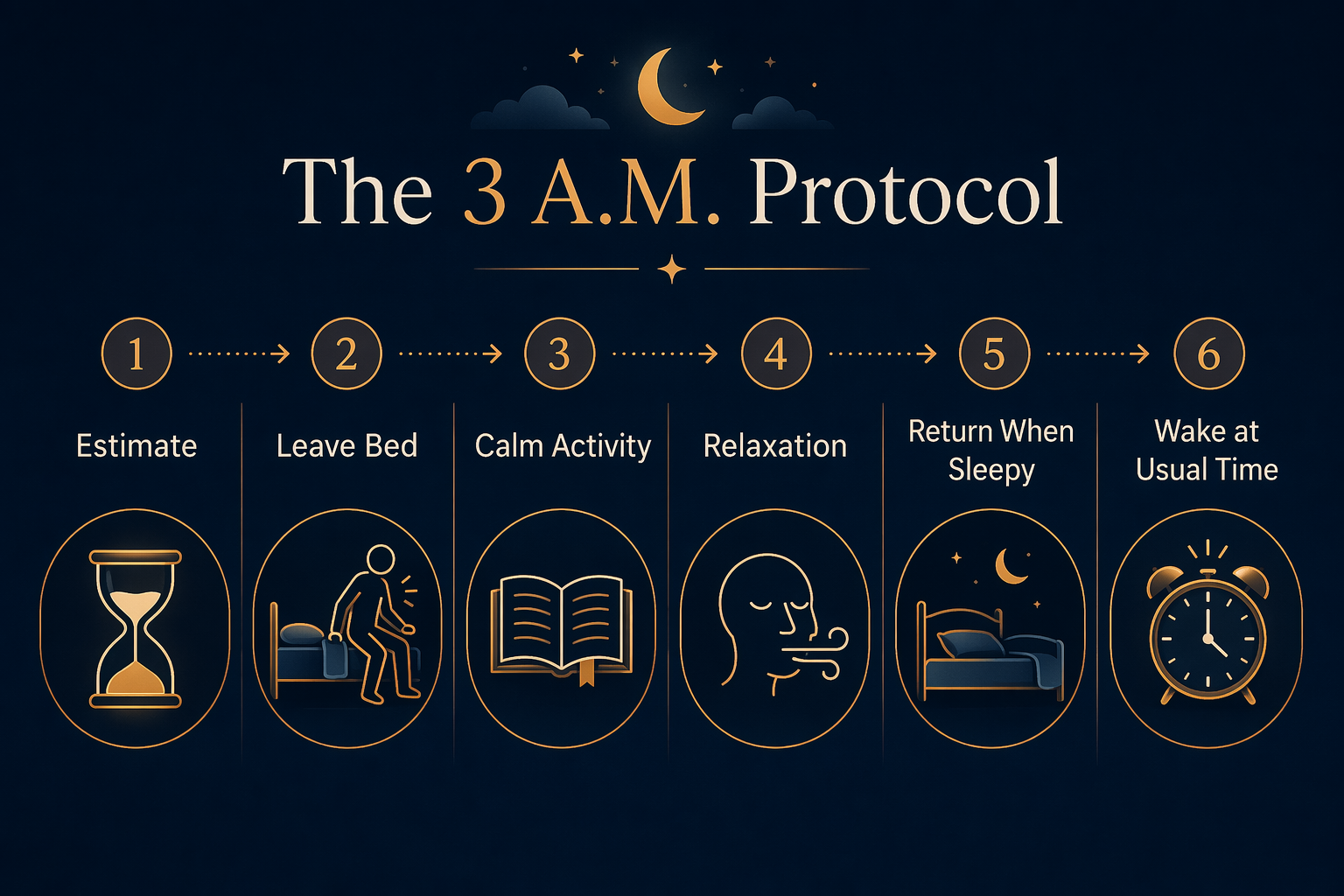 Flowchart showing the 3 a.m. protocol: estimate, leave bed, calm activity, relaxation, return when sleepy, wake at usual time
