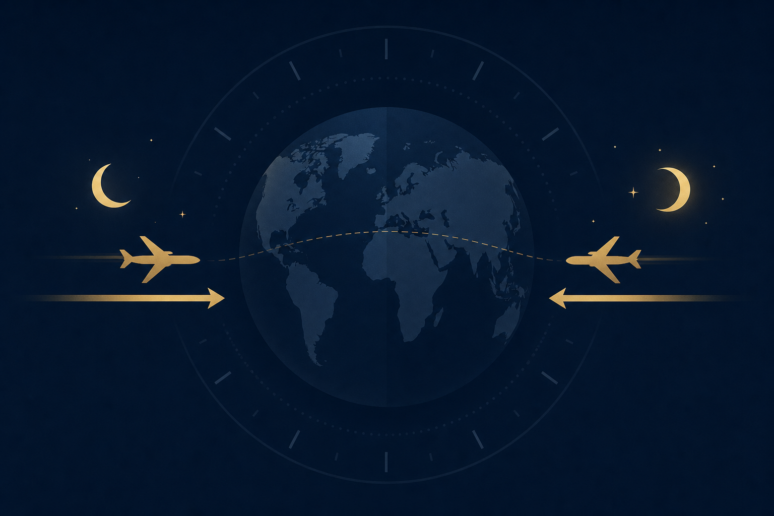 Two airplane silhouettes flying in opposite directions over a globe outline, each paired with a crescent moon icon suggesting different sleep timing adjustments for eastward and westward travel.