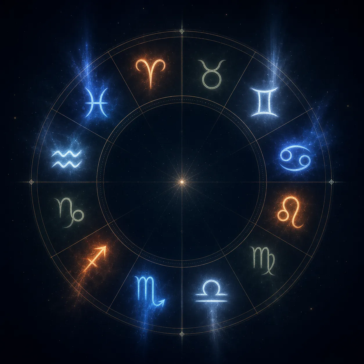 Circular zodiac wheel with water signs glowing blue, air signs silver-blue, fire signs orange, and earth signs muted green-grey