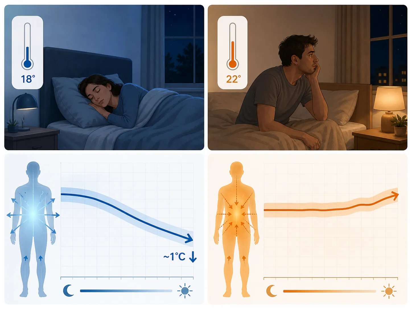 Diagram comparing healthy sleep with a core temperature drop in a cool room and disrupted sleep in a warmer room