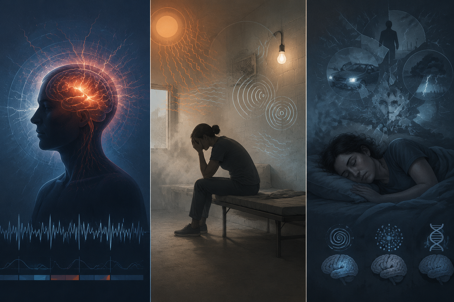 Three-panel illustration of trauma-induced hyperarousal, shelter-related environmental disruption, and pre-existing sleep reactivity