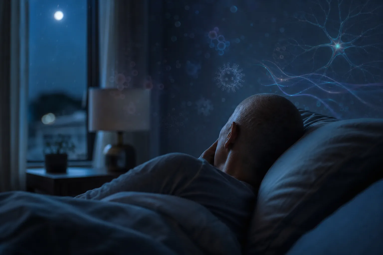 Cancer survivor lying awake in a dim bedroom while glowing particles and neural wave patterns suggest invisible forces disrupting sleep