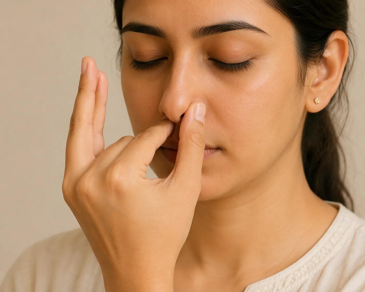 Close-up of hands demonstrating the Chandra Bhedana Pranayama nostril breathing position