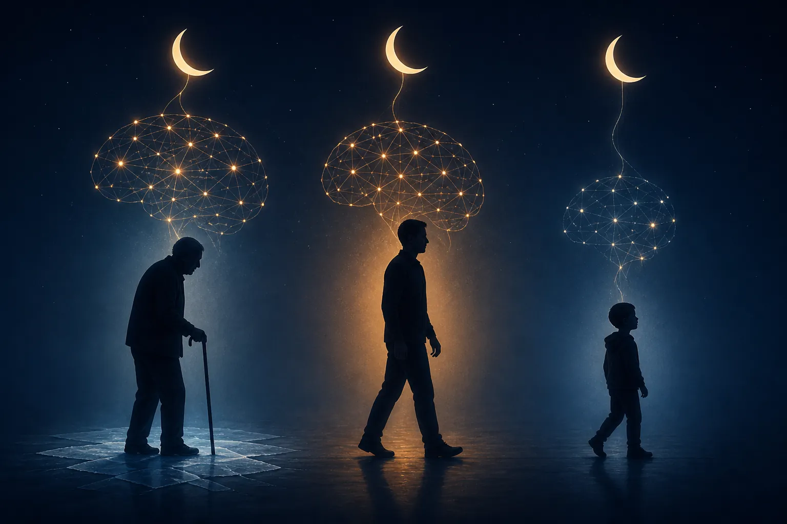 Older adult, adult, and child silhouettes connected to sleep and brain injury patterns
