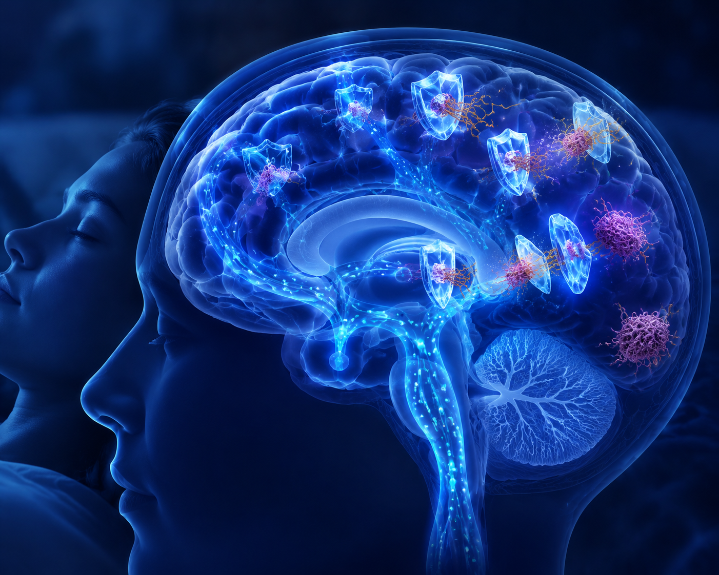 Human brain illustration with SORLA proteins shielding tau proteins from tangle formation