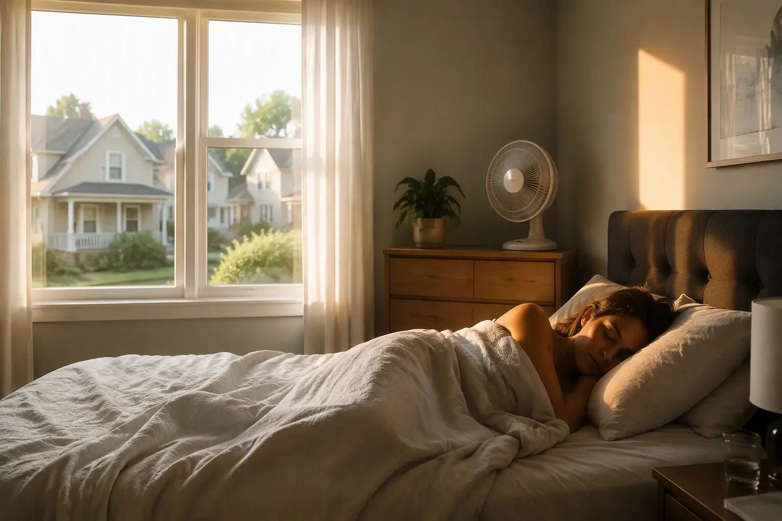 Bedroom in morning light after power returns with a fan running and a person sleeping peacefully
