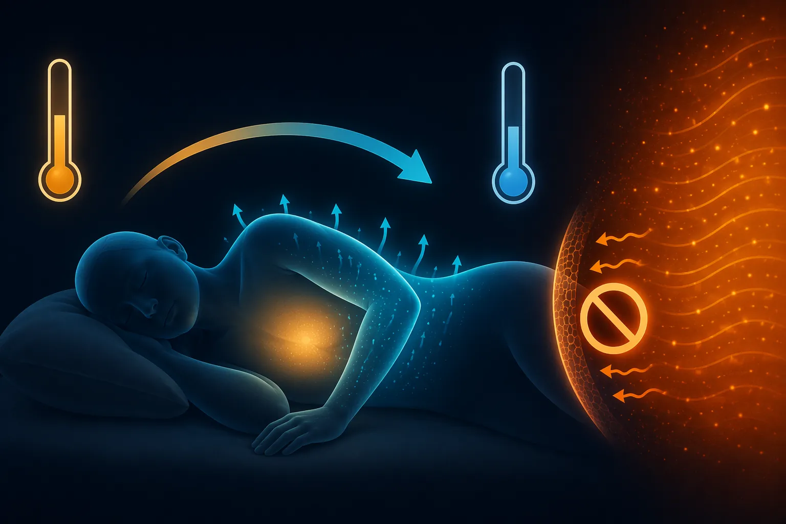 Core body temperature dropping for sleep onset while ambient heat blocks cooling at the skin