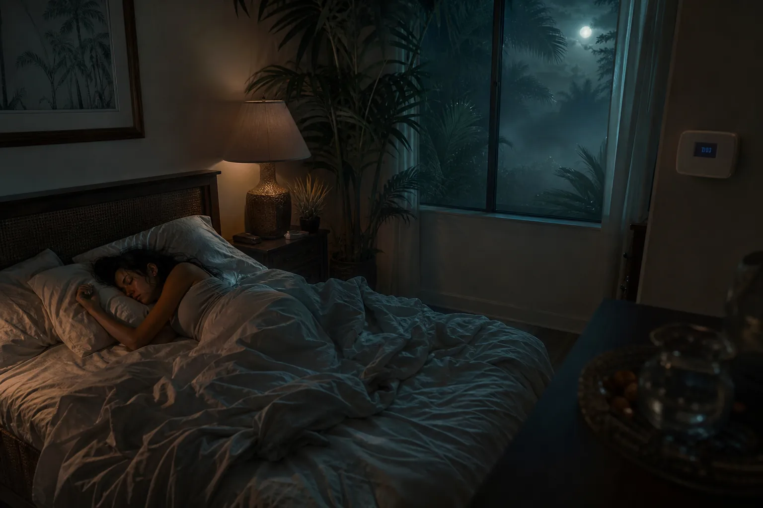 Dim Florida bedroom with a thermostat reading 68°F, damp sheets, humid air, and moonlight through a misty window