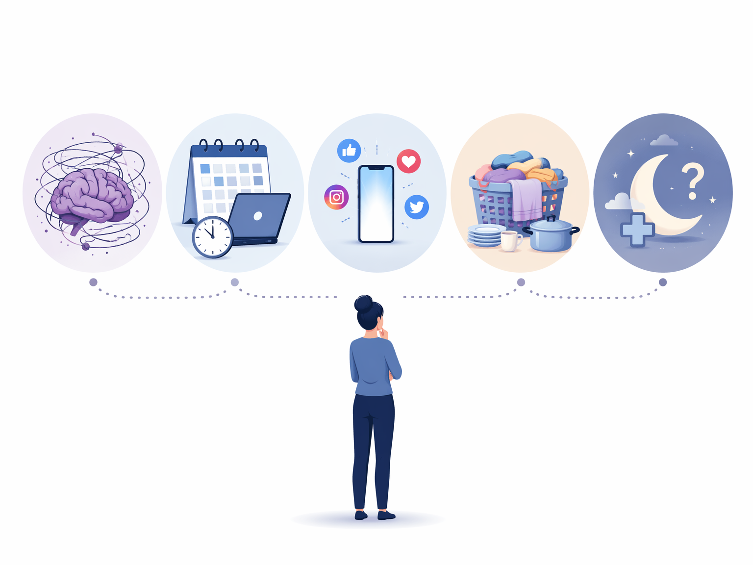 Five sleep barrier icons for stress, work, screens, household responsibilities, and sleep disorders arranged as a self-sorting exercise