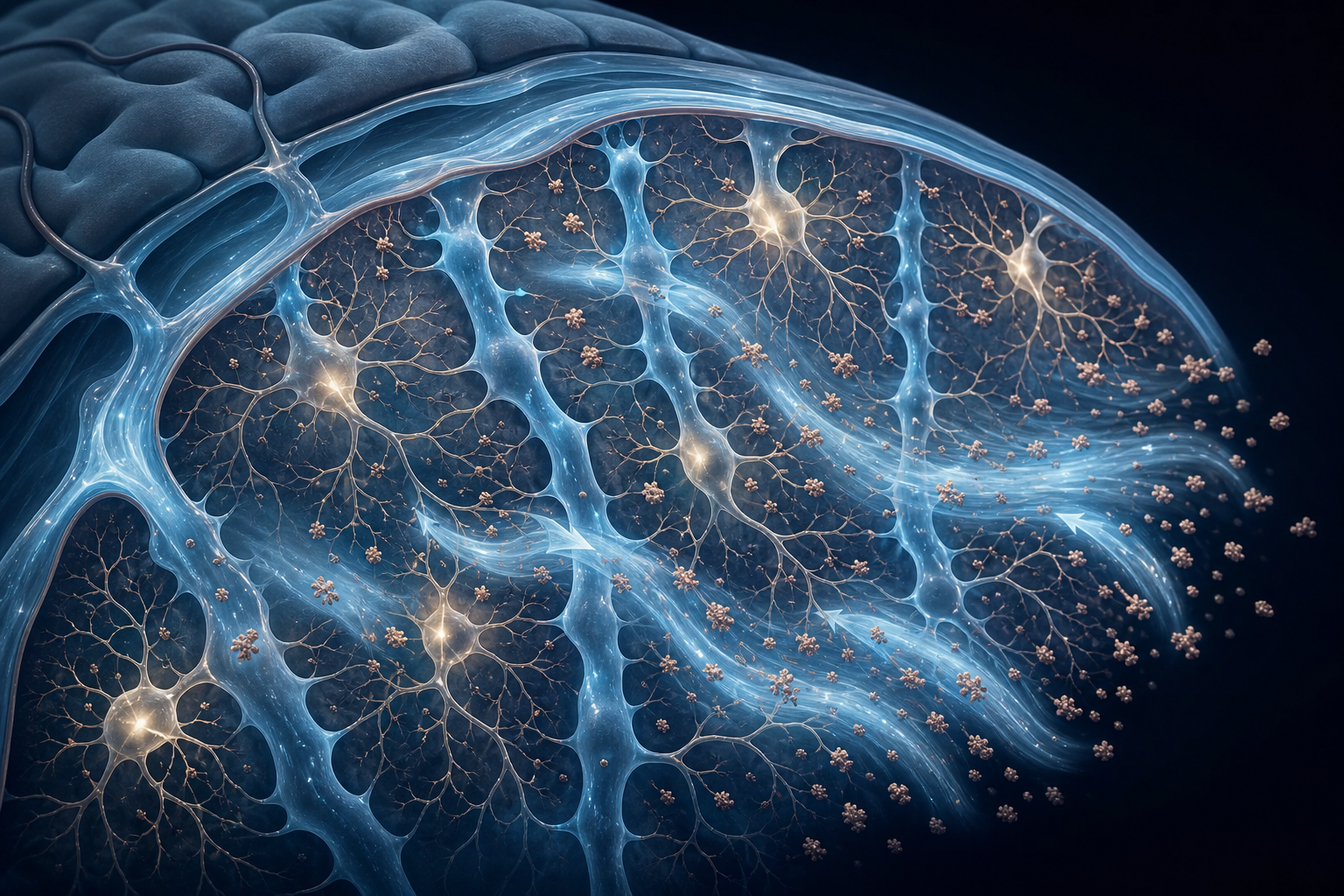 Cross-section of brain tissue showing astrocyte-lined channels with pale blue-white fluid sweeping protein debris through interstitial spaces between glowing neuron nodes.