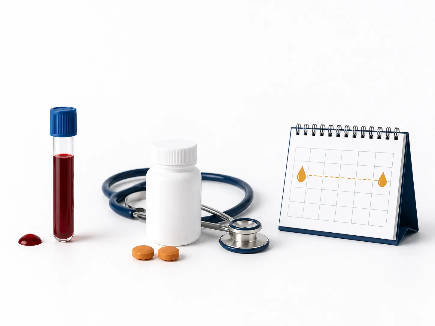 Ferritin test tube, iron tablets with a stethoscope, and a calendar showing a longer donation interval