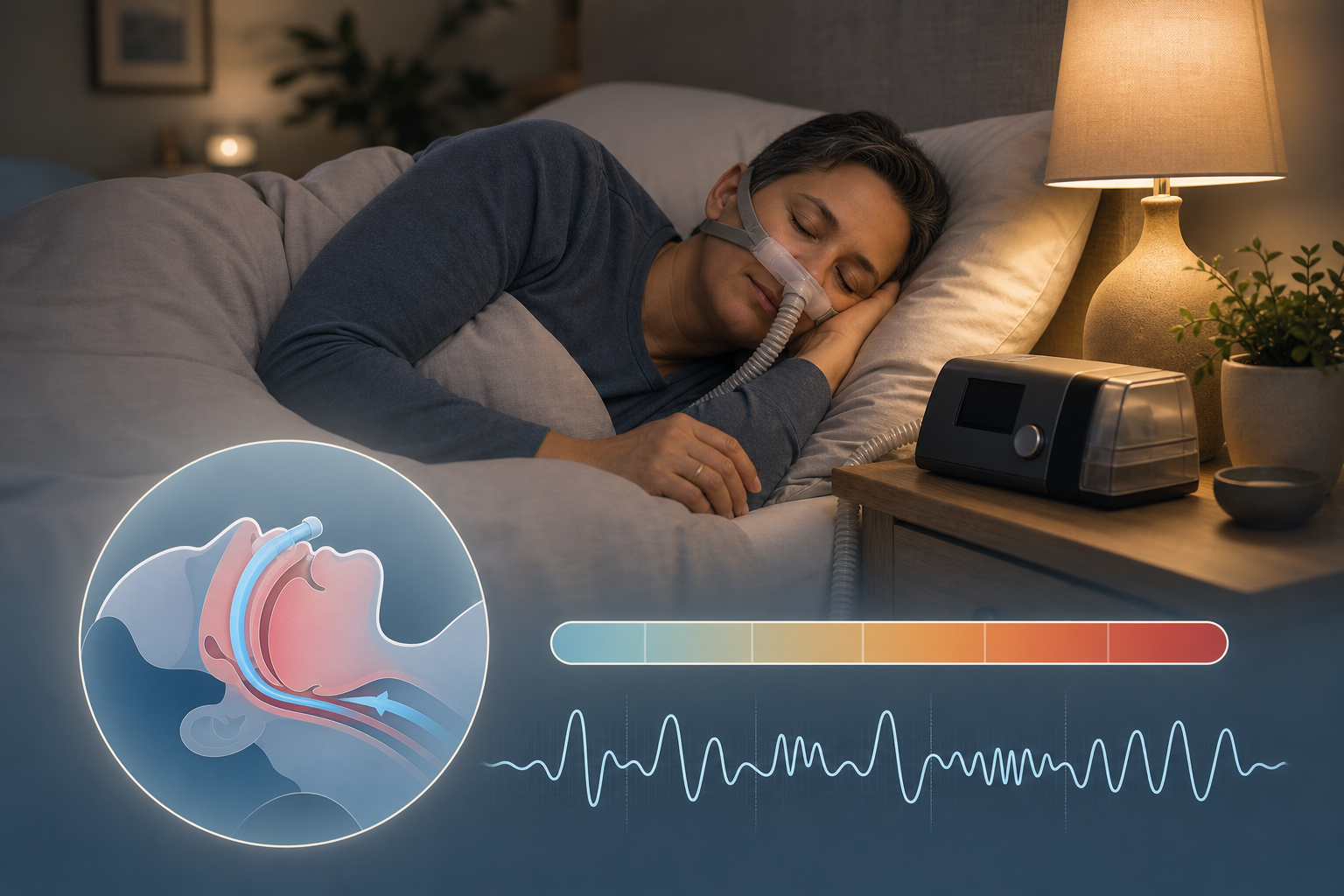 A softly lit bedroom at night with a gender-neutral adult figure resting in bed, a CPAP machine on the nightstand, and a subtle foreground overlay of an airway cross-section, severity scale bar, and sleep-study waveform in muted blues and warm grays.